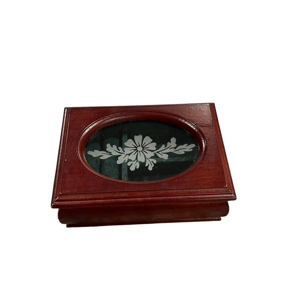 Vintage Small Wooden Jewelry Box with Etched Floral Glass Trinket Box Velvet - Picture 12 of 13